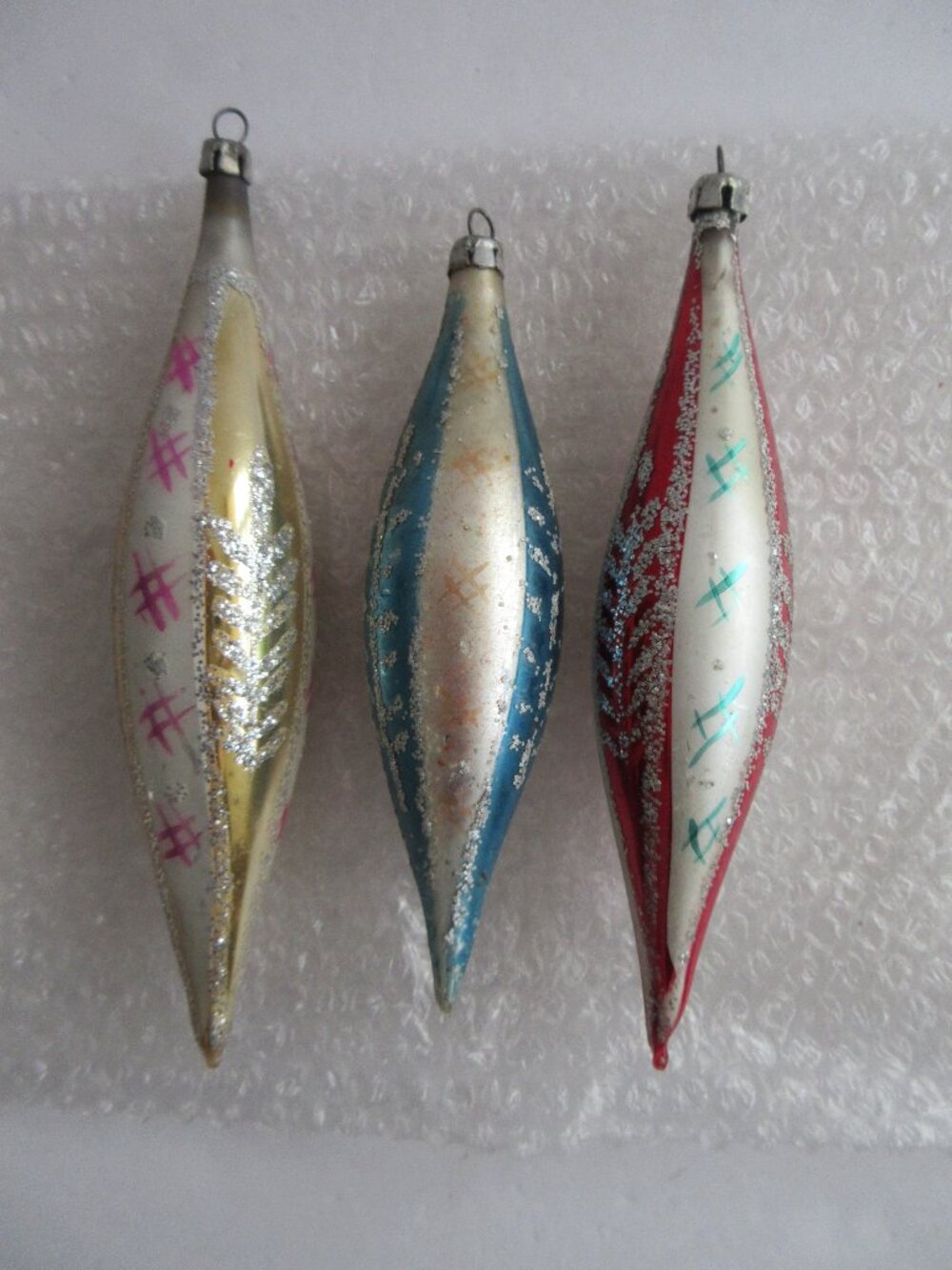 3 Polish Glass Icicle Christmas Ornament Hand Painted Silver Glitter Vintage